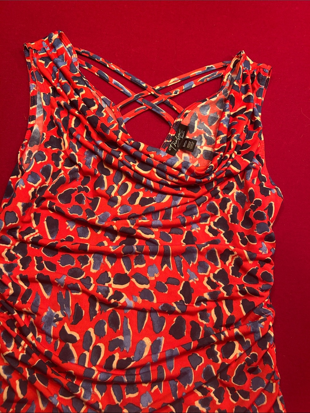 Thalia Sadi Red and Black Animal Print Cowl Neck Tank